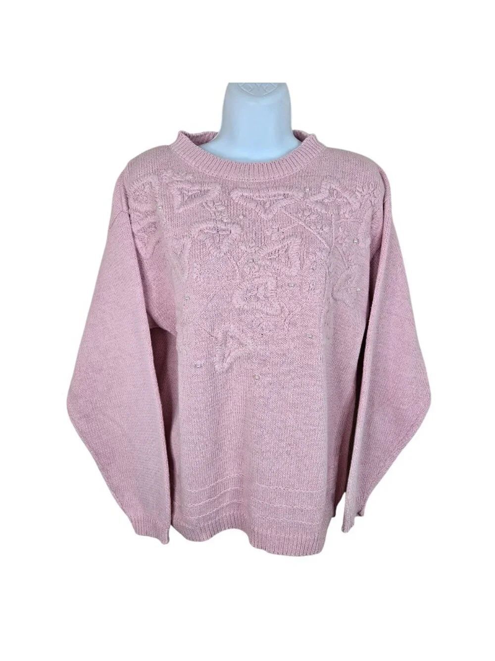 Vintage 80s Pink Knit Sweater Floral Embroidered Pearls Womens M Cotton Coquette